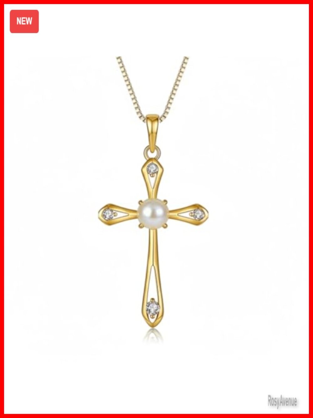 925 Sterling Silver 8MM Freshwater Pearl Cross Pendant Necklace CZ Gold Plated